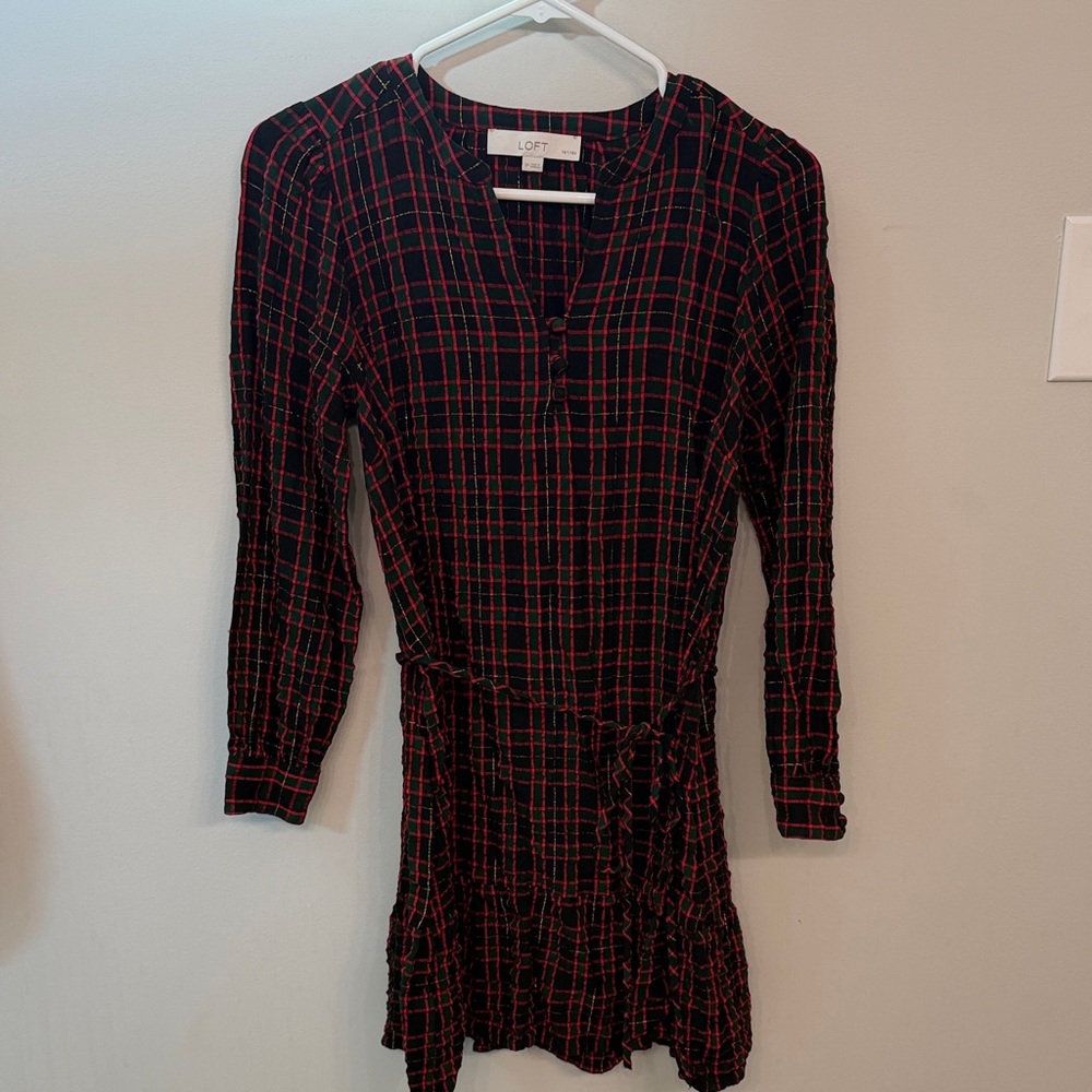 LOFT Black and Red Checkered Long Sleeve Dress